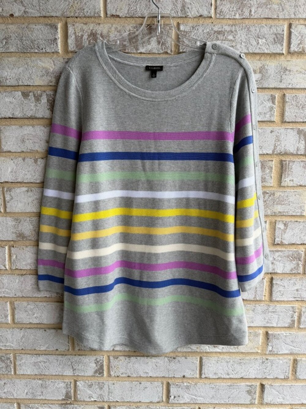 Talbots 3/4 Sleeve Round Neck Multicolor Striped Cotton Blend Sweater Size L